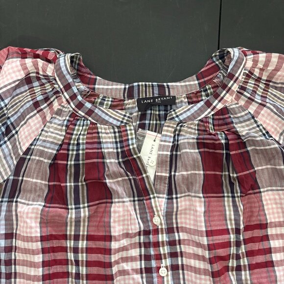 Lane Bryant Puff Sleeve Button Down Blouse Plus Size 20 Pink Plaid Sheer New - Picture 4 of 14